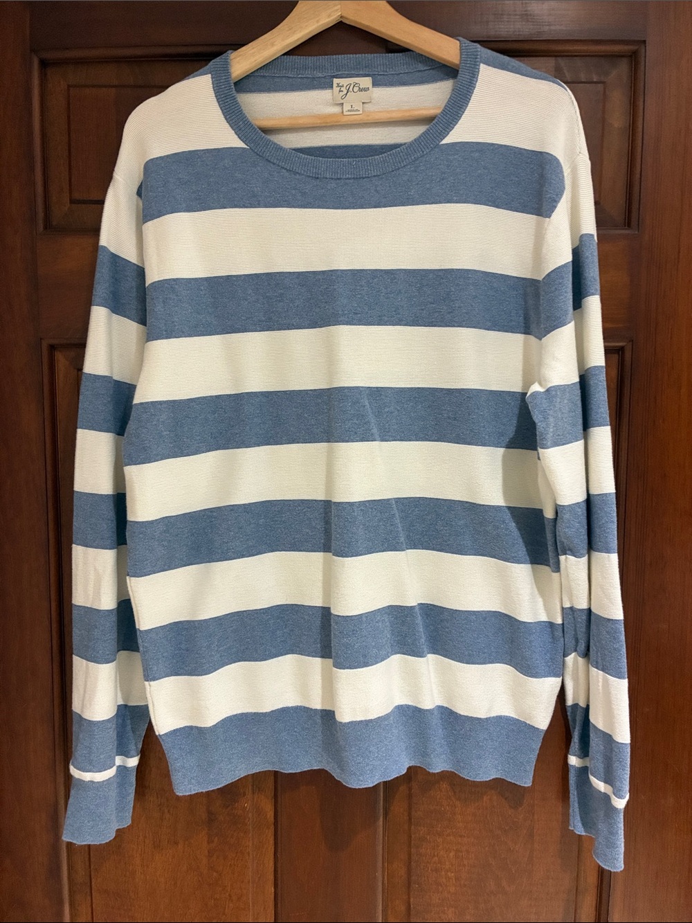 J. Crew Men's Blue and White Striped Crewneck Sweater
